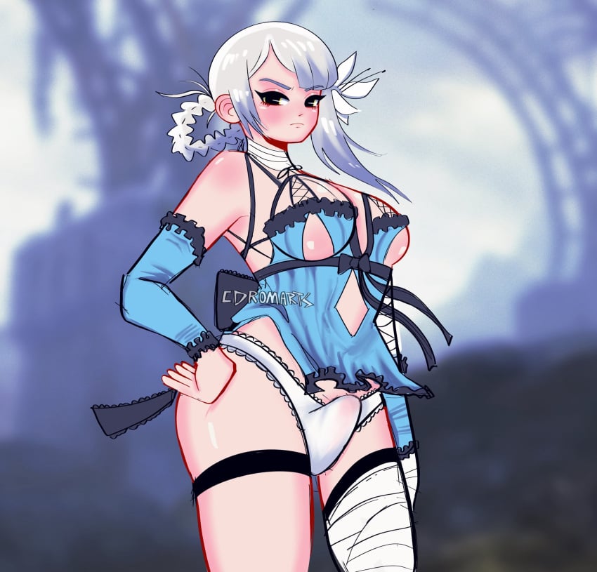 1futa big_breasts breasts bulge canon_futanari cdromarts clothed clothing erect_penis erection erection_under_clothes futa_only futanari human kaine_(nier) light-skinned_futanari light_skin looking_at_viewer mostly_nude nier nier_replicant penis penis_in_panties penis_under_clothes solo standing tenting white_hair