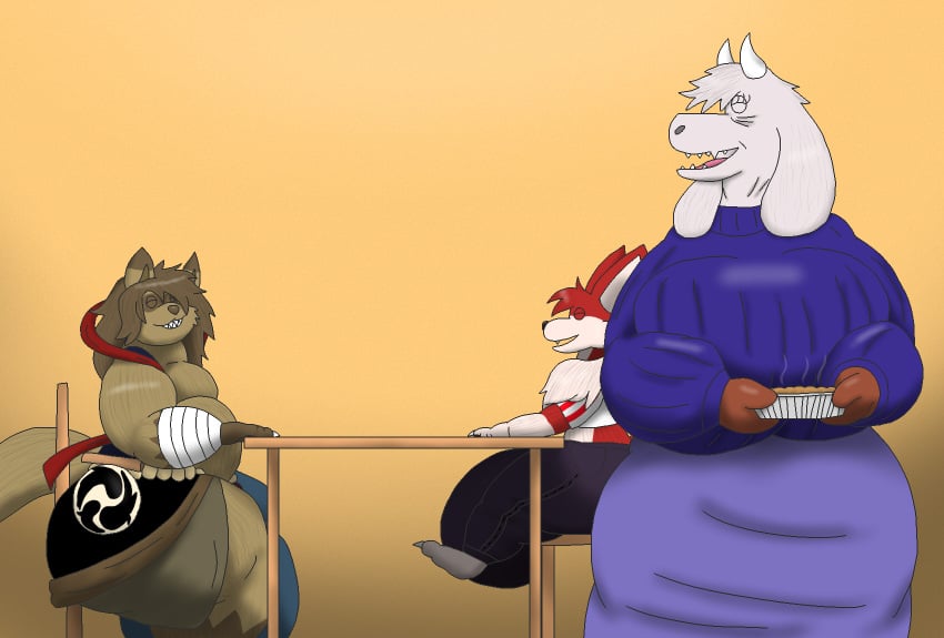 alythewolfcat anthro austin_fennec_(crescent-blue-zero) big_breasts big_bulge boss_monster_(undertale) bovid breasts bulge canid canine caprine crow's_feet female fennec_fox fox goat group hi_res huge_breasts huge_bulge hyper hyper_bulge male male/female mammal oniji_(several) pie_(food) raccoon_dog tanuki toriel trio true_fox undertale_(series) wide_hips