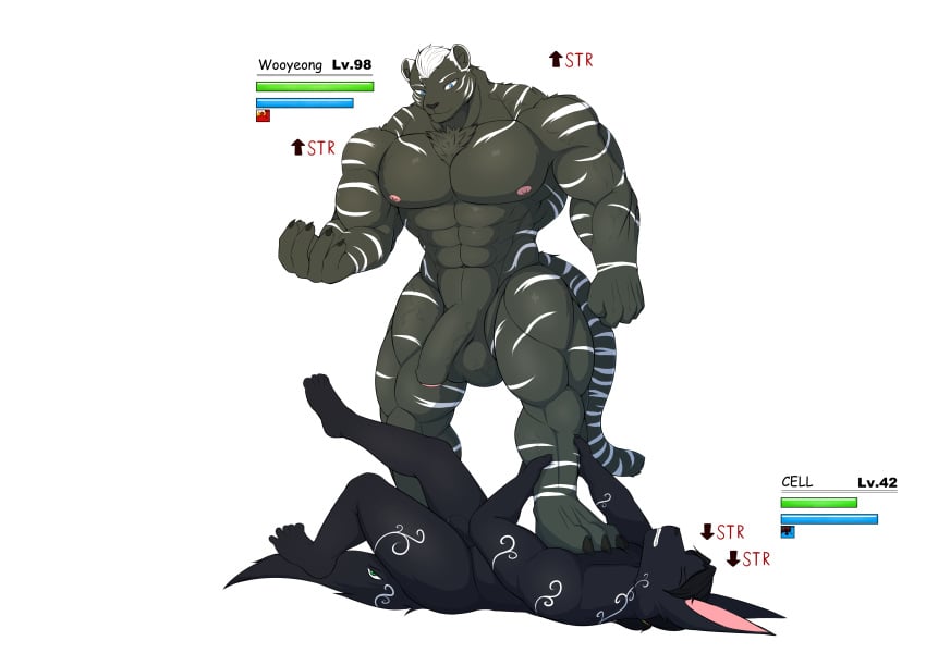 absurd_res anthro big_muscles canid canine canis cell_(unknown) duo felid gameplay_mechanics growth hi_res huge_muscles hyper hyper_muscles male male/male mammal muscle_growth muscle_theft muscular pantherine size_theft stepped_on tiger unknown_(artist) wolf