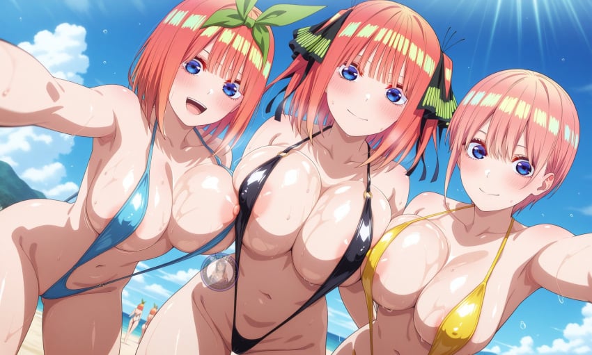 3girls ai_generated bikini breasts female female_focus female_only go-toubun_no_hanayome large_breasts light-skinned_female light_skin looking_at_viewer multiple_girls nakano_ichika nakano_nino nakano_yotsuba shiny_skin sisters sling_bikini swimsuit thighs wide_hips yuukiai