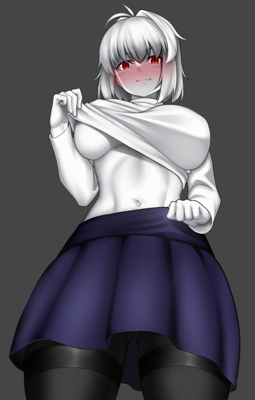 ahoge arcueid_brunestud belly big_breasts blonde_hair blush breasts clothes_lift hervi hervi_1 highres huge_breasts large_breasts lifting_shirt low-angle_view melty_blood no_bra pantyhose red_eyes short_hair solo stripping sweater sweater_lift thick_thighs tsukihime tummy turtleneck type-moon underboob undressing vampire_girl