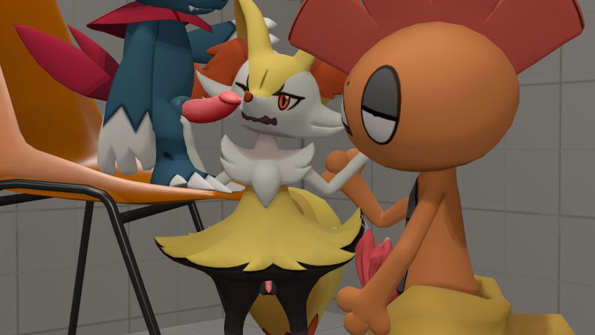 3boys 3d animal_genitalia animal_penis braixen canine_penis chair digital_media_(artwork) diphallia diphallism feral furry gay hand_on_head hemipenes inner_ear_fluff interspecies male male_only multi_penis nintendo penis pokémon_(species) pokemon pokemon_(species) precum questionable_consent scrafty source_filmmaker squidink testicles video_games weavile