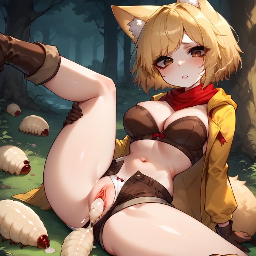 1girls ai_generated anal ass blonde_hair blush breasts brown_eyes cum flower_fairy forced fox_ears fox_girl fox_tail game_over insectophilia insects interspecies looking_at_viewer maggot medium_breasts neri_(flower_fairy) nipples puffy_nipples sad short_shorts stable_diffusion strapless uwuia vaginal_penetration white_panties zoophilia