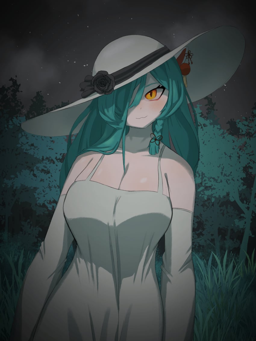 1girl braided_hair breasts cat_ears confusedsabron female female_only forest forest_background green_hair hasshaku-sama hasshaku-sama_(cosplay) monster_girl mythology nightmare_waifu omocat omori public_domain sun_hat urban_legend white_dress