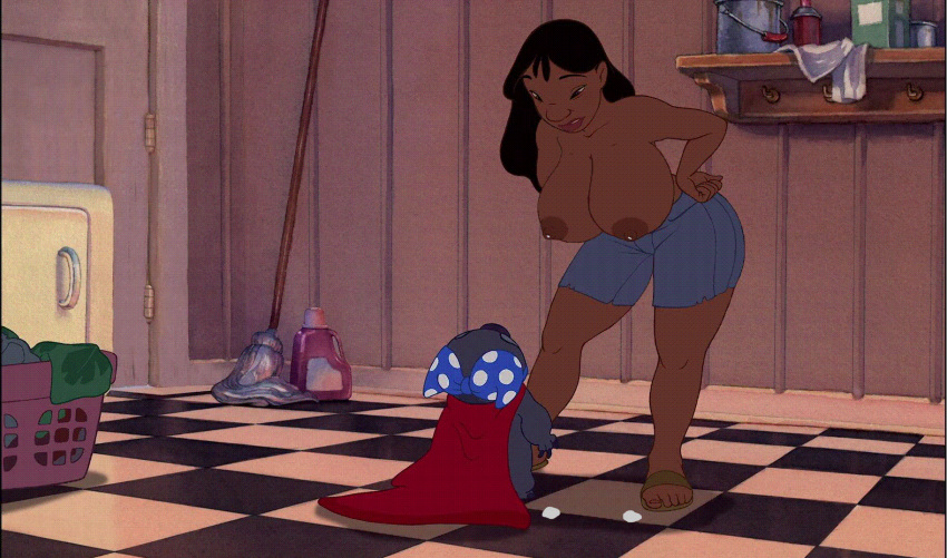 alien animated big_breasts black_hair breasts dark-skinned_female dark_skin disney dripping dripping_milk edit female huge_breasts human lactating lactation legs lilo_and_stitch lipstick long_hair male milk nani_pelekai nipples poivoit screenshot screenshot_edit stitch teeth topless