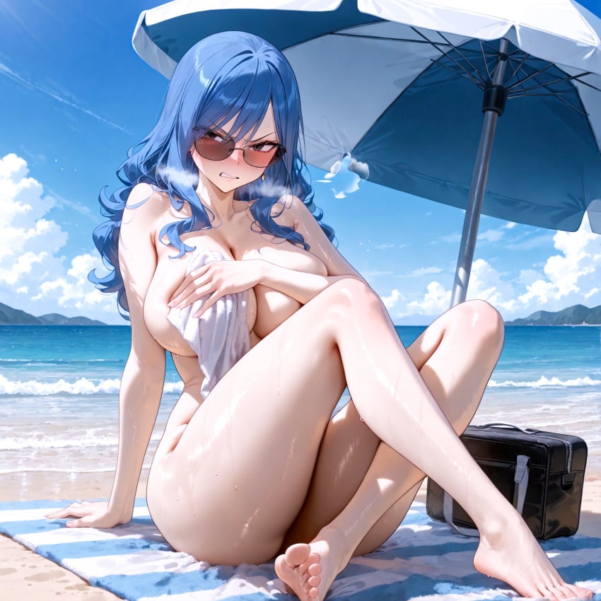 1girls ai_generated alex-schura alex_schura angry bag bangs barefoot beach beach_towel beach_umbrella blue_eyes blue_hair blue_sky blush breasts clavicle cleavage clenched_teeth clothing cloud completely_nude covering covering_breasts curvaceous curvaceous_female curvaceous_figure curvy curvy_figure day eyewear fairy_tail feet female female female_focus female_only glasses juvia_lockser large_breasts legs long_hair looking_at_viewer nude ocean outdoors red_eyes sand sitting sky smile soles solo sunglasses sweat teeth thighs toes towel umbrella voluptuous voluptuous_female water wet