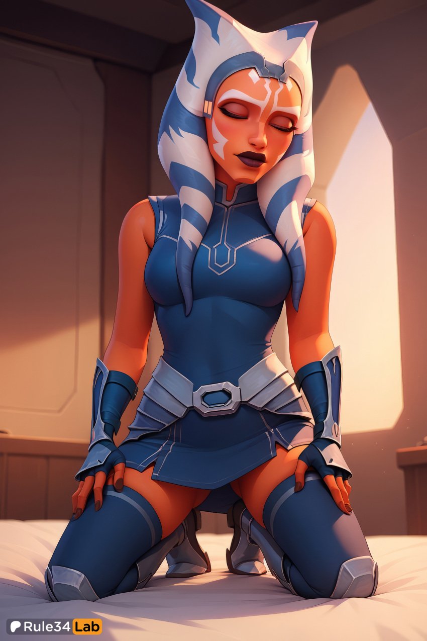 1girls ahsoka_tano ai_generated alien armor artist_name bare_shoulders blue_dress blue_eyes blue_thighhighs boots breasts clone_wars closed_eyes colored_skin dress face_markings facial_tattoo fingerless_gloves gloves hi_res humanoid indoors jedi kneeling lucasfilm markings medium_breasts montrals orange_skin rule34lab sleeveless solo star_wars star_wars_rebels tentacle_hair thighhighs togruta vambraces