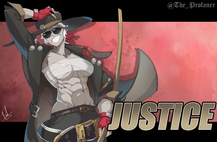 1girls abs bandage cosplay female_abs fully_clothed guilty_gear helltaker johnny_(guilty_gear) justice_(helltaker) muscular_female tagme the_profaner weapon