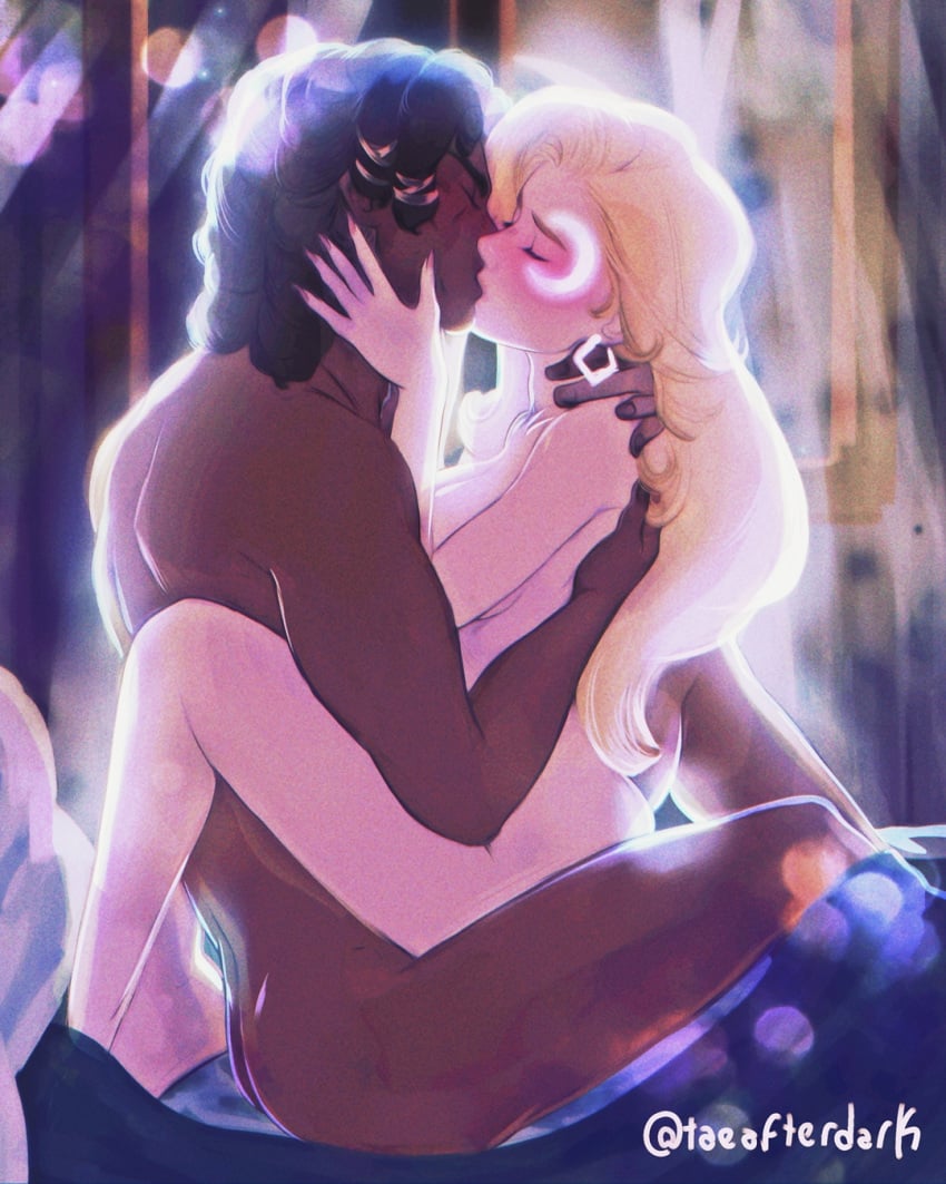 1boy artist_name black_hair blonde_hair blush cloak_(marvel) couple cuddling dagger_(marvel) dark-skinned_male dark_skin female highres interracial kissing long_hair marvel marvel_rivals sex signature taeafterdark tandy_bowen twitter_username