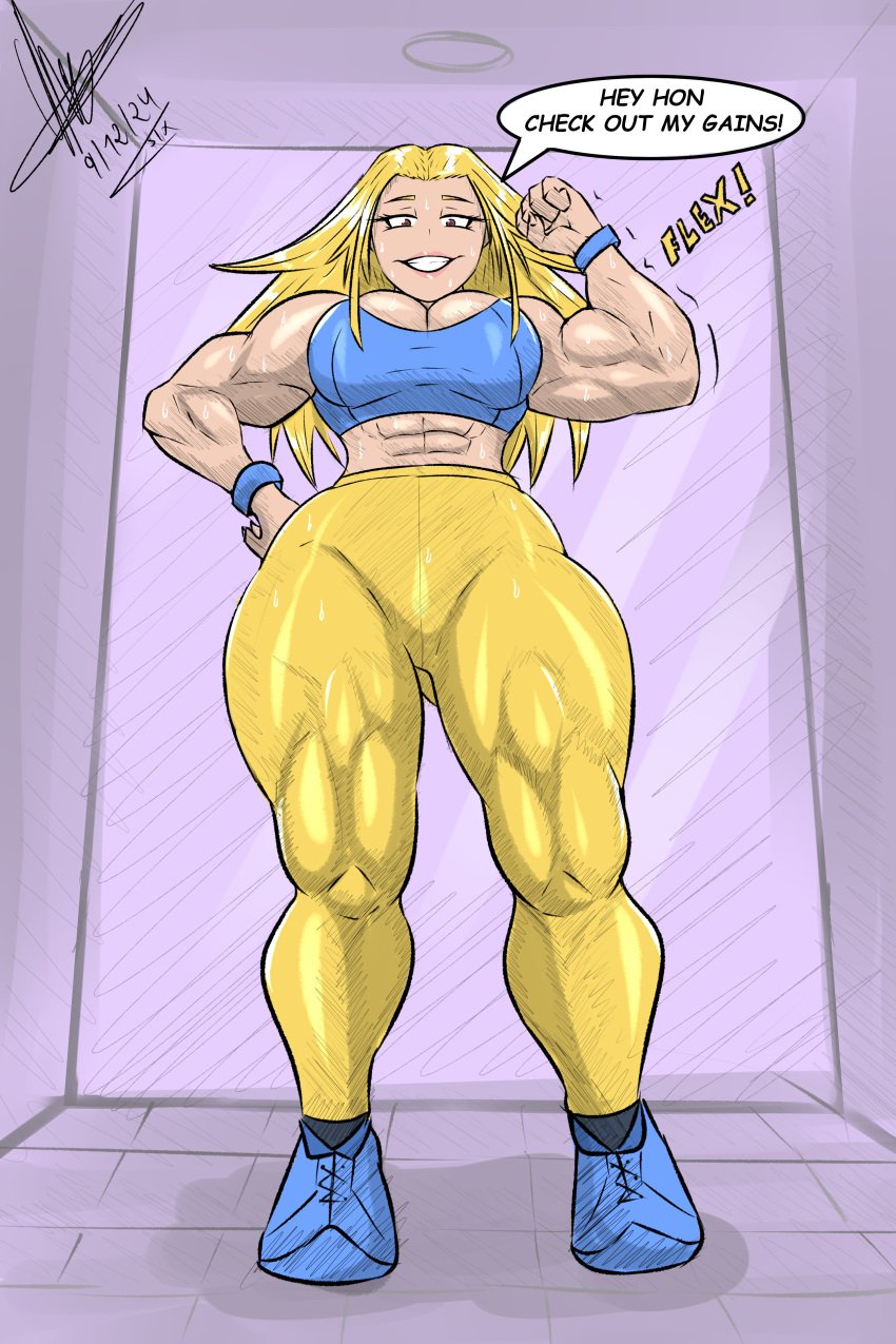 1girls abs biceps big_breasts blonde_hair breasts cathleen_bate clothing crop_top dialogue female female_only flexing flexing_bicep long_hair muscular muscular_female my_hero_academia pants png showing_off sixpathoffriendship solo star_and_stripe_(my_hero_academia) sweat sweaty_body talking_to_viewer text thick_thighs thunder_thighs wide_hips workout_clothes yoga_pants