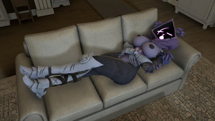 3d 3d_(artwork) 5naptrap armor armored_boots armored_gloves bear crossed_arms crossed_legs digital_media_(artwork) epic_games feathers female fortnite fortnite:_battle_royale fur glowing_face hi_res humanoid lying mammal night on_back purple_body purple_glow raven_team_leader sleeping sleeping_on_sofa solo solo_female source_filmmaker_(artwork)