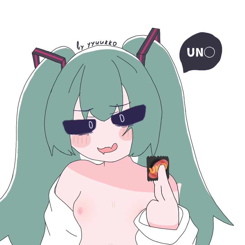 1girls black_eyes blush blush_lines blushing breasts condom cute female flat_chest hatsune_miku light-skinned_female light_skin looking_at_viewer mesugaki_miku mimukauwa_nice_try_(vocaloid) teal_hair twintails uncensored uno uno_(game)