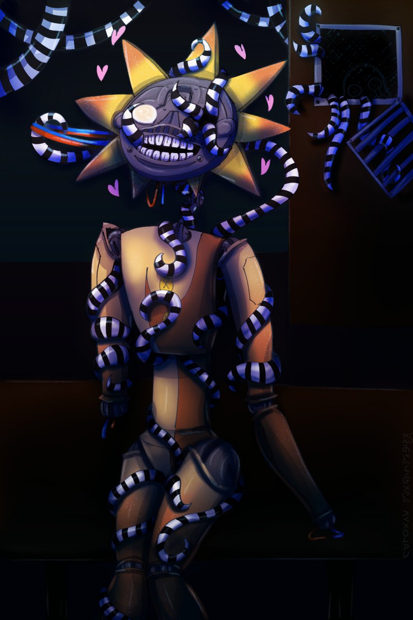 air_vent all_the_way_through animatronic caloxya dark_room daycare_attendant_(fnaf) disassembled duo endoskeleton eye_penetration five_nights_at_freddy's five_nights_at_freddy's:_security_breach five_nights_at_freddy's_4 glowing glowing_eyes heart_symbol hearts_around_head hi_res humanoid machine male male/male nightmarionne_(fnaf) oral oral_penetration penetration questionable_consent restrained restrained_by_tentacles robot robot_gore scottgames steel_wool_studios striped_tentacles stripes sun_(fnaf) tentacle tentacle_creature tentacle_in_mouth tentacle_penetration unusual_threading vent wire wire_play