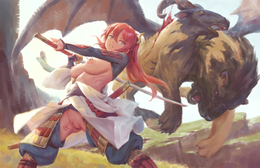 bigrbear blood blue_eyes blue_pants breasts chimera female hair_between_eyes highres holding holding_sword holding_weapon large_breasts leg_tattoo long_hair monster nipples original outdoors pants pussy red_hair standing sword tattoo uncensored weapon