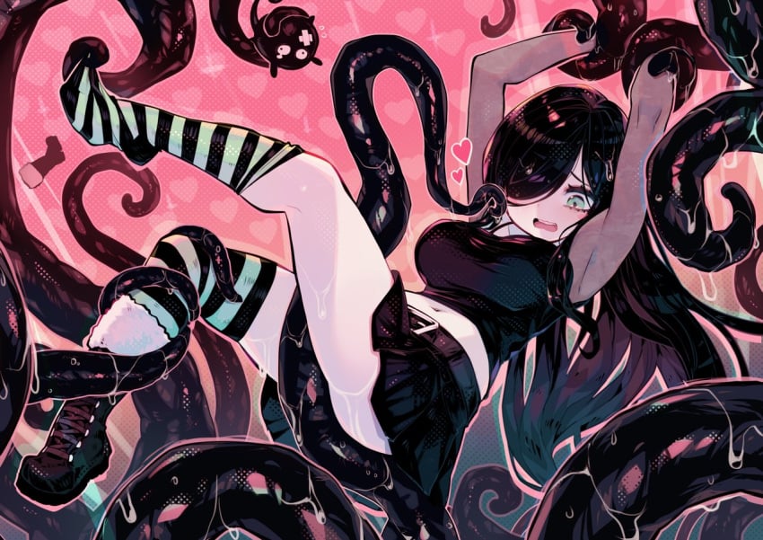 1girls aria_wintermint big_ass big_breasts black_hair embarrassed green_eyes heart huge_breasts huge_thighs kneehighs long_hair navel oc parororo tentacle thighs