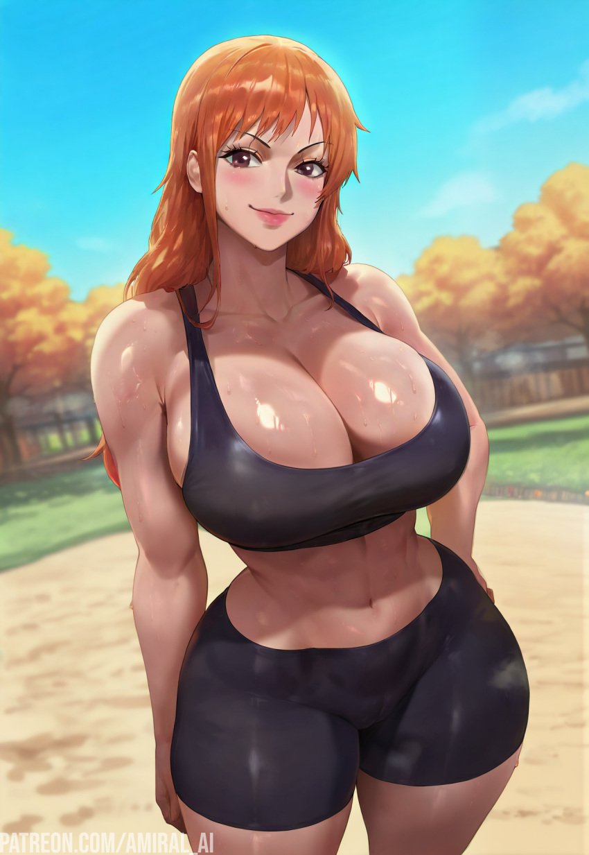 1girls ai_generated amiral_ai bare_arms bare_legs bare_shoulders bare_thighs big_breasts blush clothed clothing color female female_focus female_only hi_res large_breasts light-skinned_female light_skin long_hair looking_at_viewer nami nami_(one_piece) no_bra one_piece orange_eyes orange_hair shounen_jump solo solo_female tagme thick_thighs