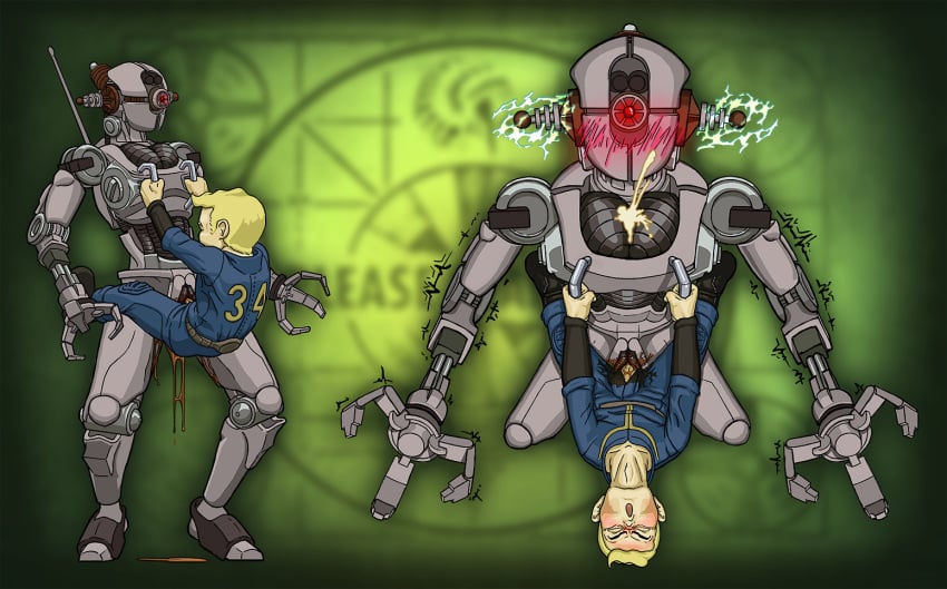 assaultron blush breasts clothes_on clothing cum cum_explosion e-ward excessive_cum fallout fallout_4 female heavy_blush jumpsuit lubricant male orgasm overflow robot size_difference small_dom_big_sub source_request trembling vault_34 vault_boy vault_suit