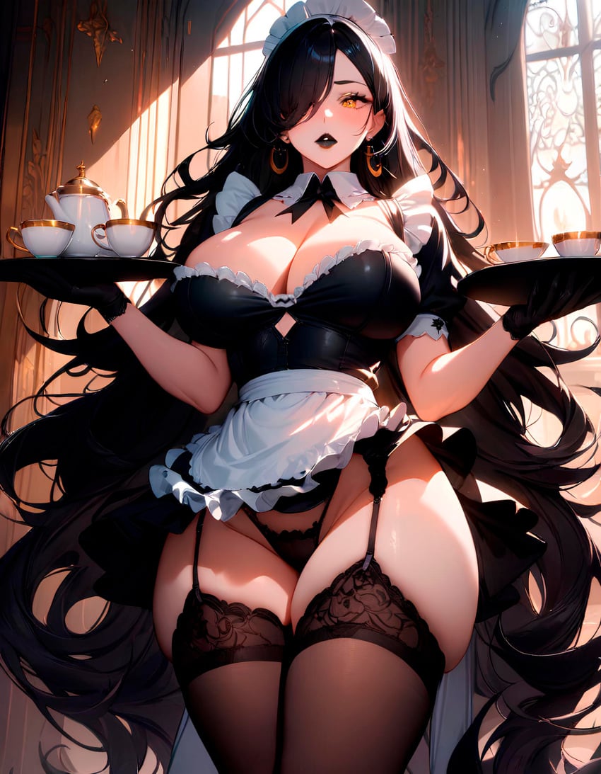 ai_generated apron big_breasts black_hair black_lipstick black_panties breasts busty calm cleavage curvy curvy_body curvy_female curvy_figure curvy_hips emotionless flashing garter_straps gloves goth goth_girl hair_over_one_eye maid maid_headdress maid_uniform mature_female nyx_(starlightnex) original original_character panties short_skirt short_sleeves starlightnex stockings thick_hips thick_legs thick_lips thick_thighs yellow_eyes