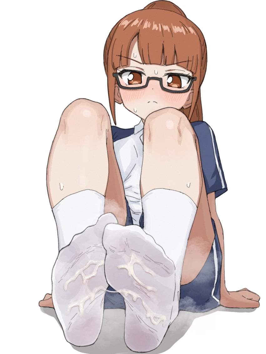 blush brown_eyes brown_hair closed_mouth cum cum_on_clothes feet female foot_focus glasses highres minami_mirei pretty_series pripara shino_(yaruki_nai_yatsu) shirt short_sleeves shorts sitting socks solo sweat white_background white_socks