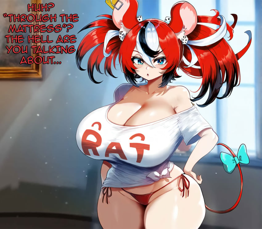 ai_generated ameanon big_breasts breasts cleavage hakos_baelz hololive hololive_english hololive_english_-council- hololive_english_-promise- huge_breasts large_breasts mouse_ears mouse_girl mouse_tail off_shoulder red_hair red_panties side-tie_panties t-shirt thick_thighs twintails virtual_youtuber vtuber