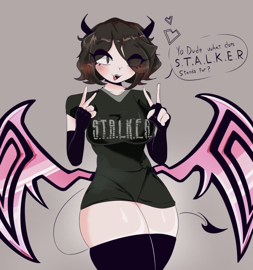 1girls 2023 aschazm black_gloves black_horns black_thighhighs bottomless bottomless_female brown_eyes brown_hair clothed clothed_female demon_horns demon_tail demon_wings dialogue double_peace_sign double_v elbow_gloves english_text eye_visible_through_hair fangs female female_only fingerless_gloves gloves green_shirt heart horns long_gloves looking_at_viewer maicy mostly_clothed open_mouth original original_character pale-skinned_female pale_skin peace_sign pink_wings s.t.a.l.k.e.r. shirt short_hair short_sleeves simple_background solo speech_bubble t-shirt tail text text_on_clothing thick_thighs thighhighs thighs v wings