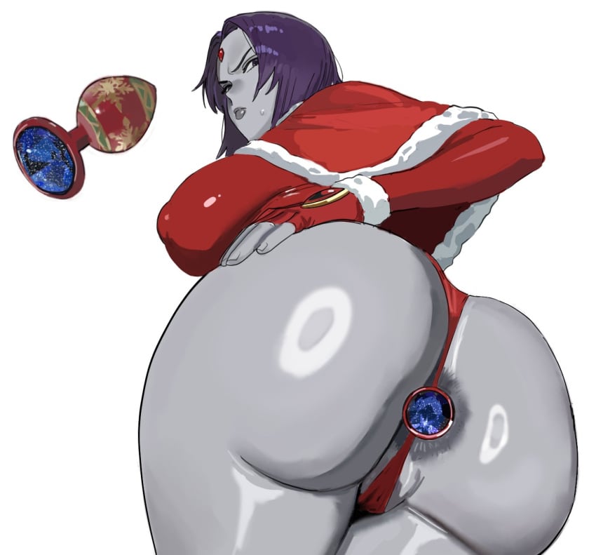 1girls 2024 anus_peek ass ass_focus big_ass big_breasts breasts buttplug christmas dc dc_comics demon_girl female female_only forehead_jewel from_below grey_body grey_skin hintobento looking_at_viewer looking_back looking_down nipple_outline purple_eyes purple_hair raven_(dc) santa_costume santa_hat simple_background solo solo_female tagme teen_titans thick_thighs white_background