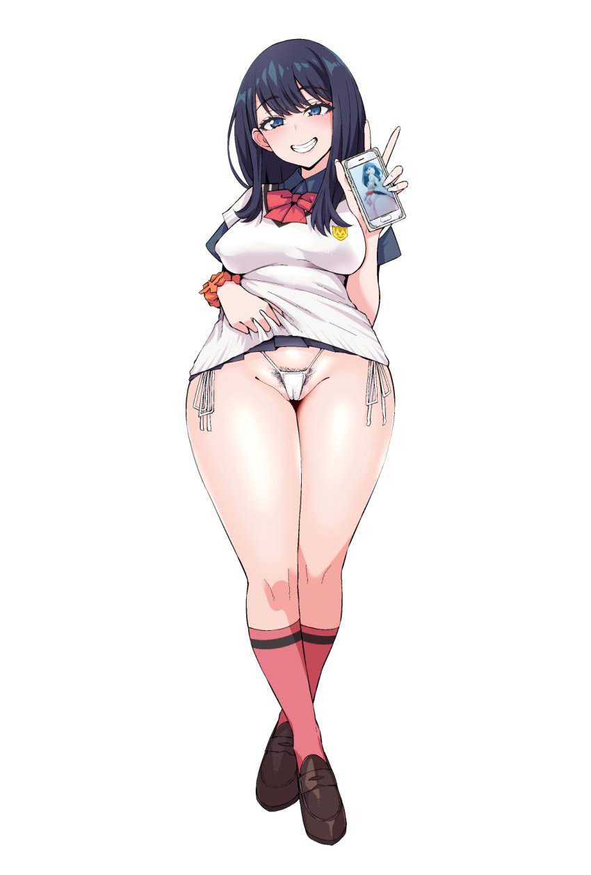 ankoman black_hair breasts cameltoe cellphone clothes_lift female female_pubic_hair gridman_universe highres kneehighs large_breasts loafers miniskirt orange_scrunchie panties phone pubic_hair school_uniform scrunchie shoes side-tie_panties skirt skirt_lift smartphone socks ssss.gridman sweater takarada_rikka thick_thighs thighs thong underwear v white_panties