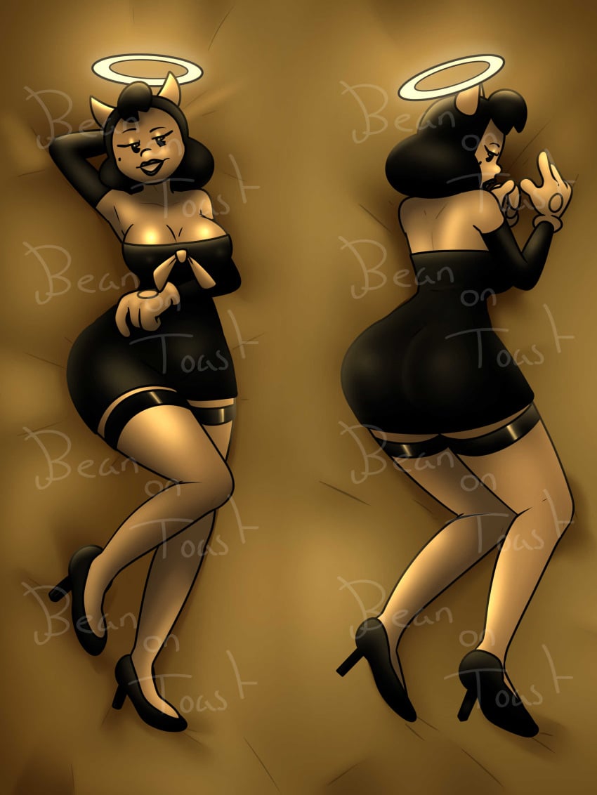 2024 2d 2d_(artwork) 2d_artwork alice_angel angel artist_logo artist_name beanontoast bendy_and_the_ink_machine big_breasts black_dress female heels horns pinup_pose stockings thick_thighs