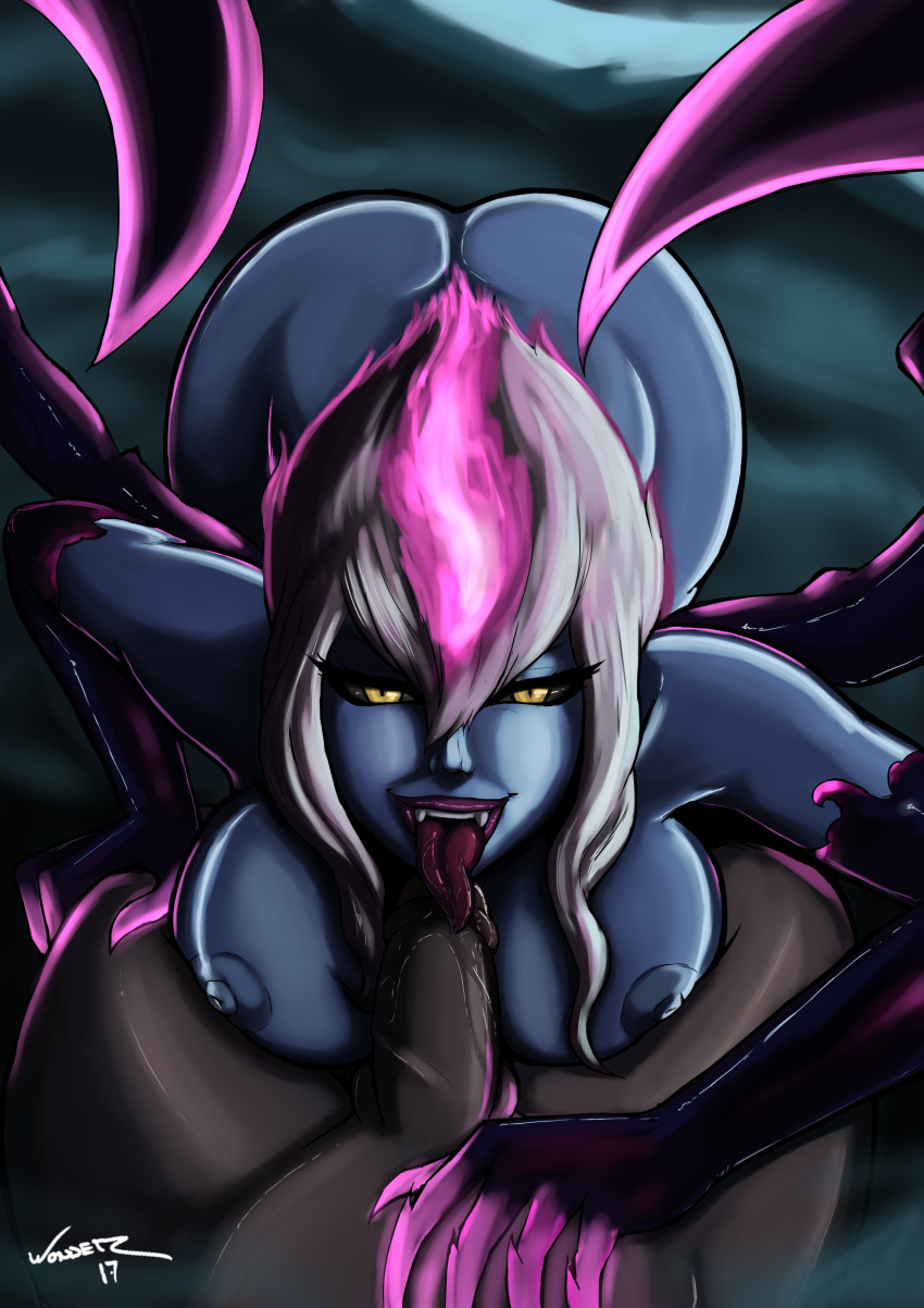 areolae breasts dark-skinned_male dark_skin erection evelynn fellatio female interracial league_of_legends looking_at_viewer male nipples oral oral_sex penis pov straight tongue tongue_out w0nder