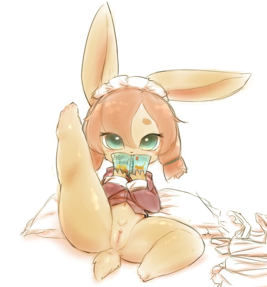 2017 anthro ass book brown_hair clitoral_hood clothed clothing cushion discarded_clothing exposed_butt female fur futaba_channel genitals green_eyes hair hi_res holding_book holding_object japanese_text kemono lagomorph leporid looking_at_viewer maid_headdress maid_uniform mammal nijiura_maids no_underwear pubes pussy rabbit riiikuta scut_tail short_stack short_tail solo sousai-san spread_legs spreading tail tan_body tan_fur text thick_thighs uniform