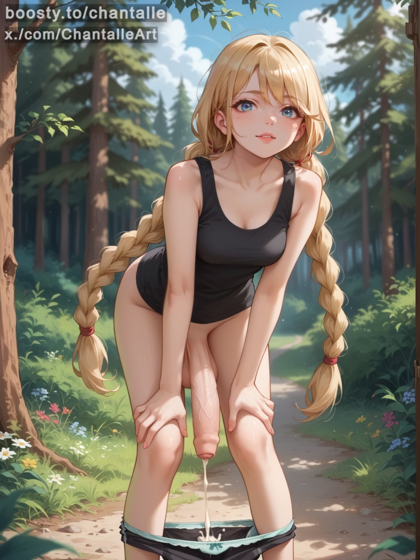 1futa ai_generated balls bangs bent_over blonde_hair blue_eyes blush boosty boosty_username bottomless chantalle covered_breasts crop_top cum cum_drip cum_in_panties everlasting_summer eyebrows foreskin forest fringe futa_balls futanari hand_on_knee light-skinned_futanari long_hair medium_breasts no_panties no_pants outdoors panties penis puffy_lips shemale slavya_(everlasting_summer) smile smiley_face solo sportswear stable_diffusion swept_bangs tank_top testicles twitter twitter_username veiny_penis