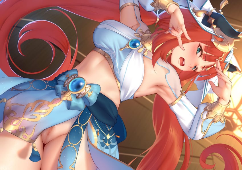 aqua_eyes armpits arms_up blue_bow blue_brooch blue_skirt blush bow bracer breasts brooch censored circlet closed_mouth crop_top dutch_angle fake_horns female fox_shadow_puppet from_above genkung genshin_impact gold_trim harem_outfit highres horns jewelry long_hair long_sleeves lying medium_breasts midriff mosaic_censoring neck_ring nilou_(genshin_impact) no_panties on_back open_mouth paid_reward_available parted_bangs puffy_long_sleeves puffy_sleeves pussy red_hair shrug_(clothing) skirt solo sparkle stomach teeth twintails upper_teeth_only variant_set veil very_long_hair vision_(genshin_impact) water white_veil