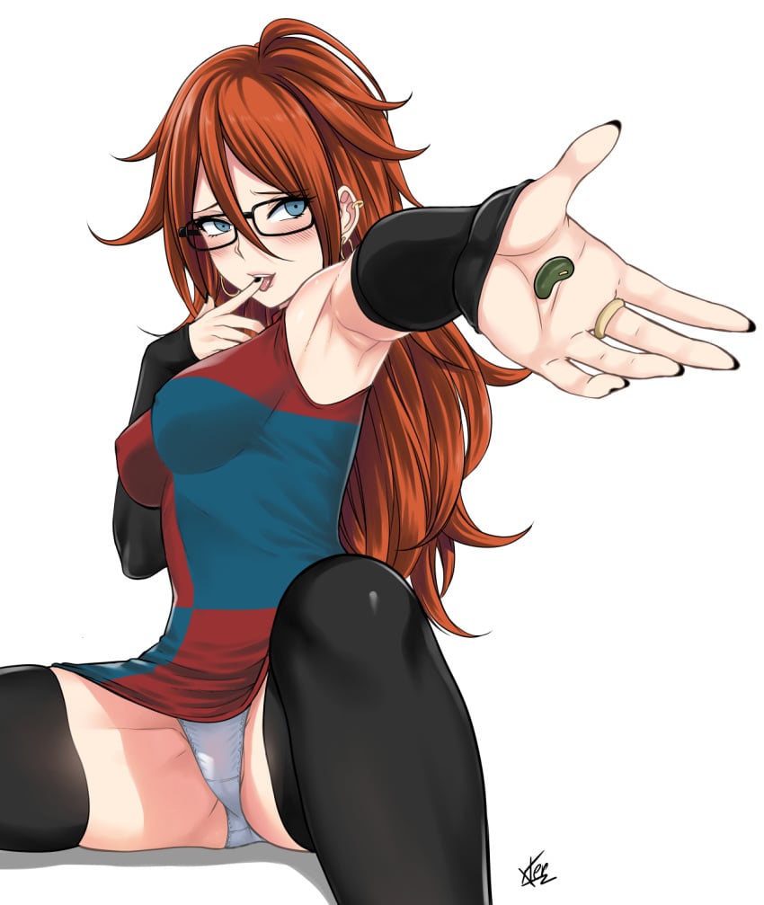 1girls :p alternate_legwear android_21 android_21_(human) armpits bare_shoulders beans big_breasts black-framed_eyewear black_nails blue_eyes blush breasts brown_hair busty cameltoe clothed covered_erect_nipples curly_hair curvaceous curvy detached_sleeves dragon_ball dragon_ball_fighterz dress earrings erect_nipples eyelashes female finger_lick fingerless_gloves ginger glasses gloves highres hoop_earrings jewelry licking licking_finger licking_own_finger long_hair looking_at_viewer medium_breasts nail_polish off_shoulder open_mouth panties pantyshot pink_lips presenting red_hair redhead ring saliva seductive_smile senzu_bean simple_background smile solo spread_legs thick_thighs thigh_highs thighhighs thighs tights tongue tongue_out underwear white_background xter xtermination