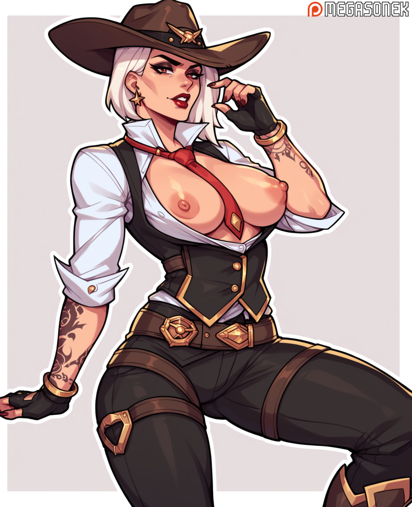 activision ai_generated arm_support arm_tattoo ashe_(overwatch) belt belt_buckle between_breasts black_gloves black_pants black_vest blizzard_entertainment boots bracelet breasts breasts_out brown_belt buckle collared_shirt cowboy_hat earrings female fingerless_gloves gloves grey_background hand_up hat jewelry large_breasts lips lipstick looking_at_viewer makeup medium_hair megasonek mole mole_above_mouth nail_polish necktie necktie_between_breasts nipples no_bra open_clothes open_shirt outline overwatch overwatch_2 pants parted_lips partially_unbuttoned patreon_username red_eyes red_lips red_necktie shirt short_hair simple_background sitting sleeves_rolled_up solo star_\(symbol\) tattoo tight_pants vest watermark white_hair white_shirt