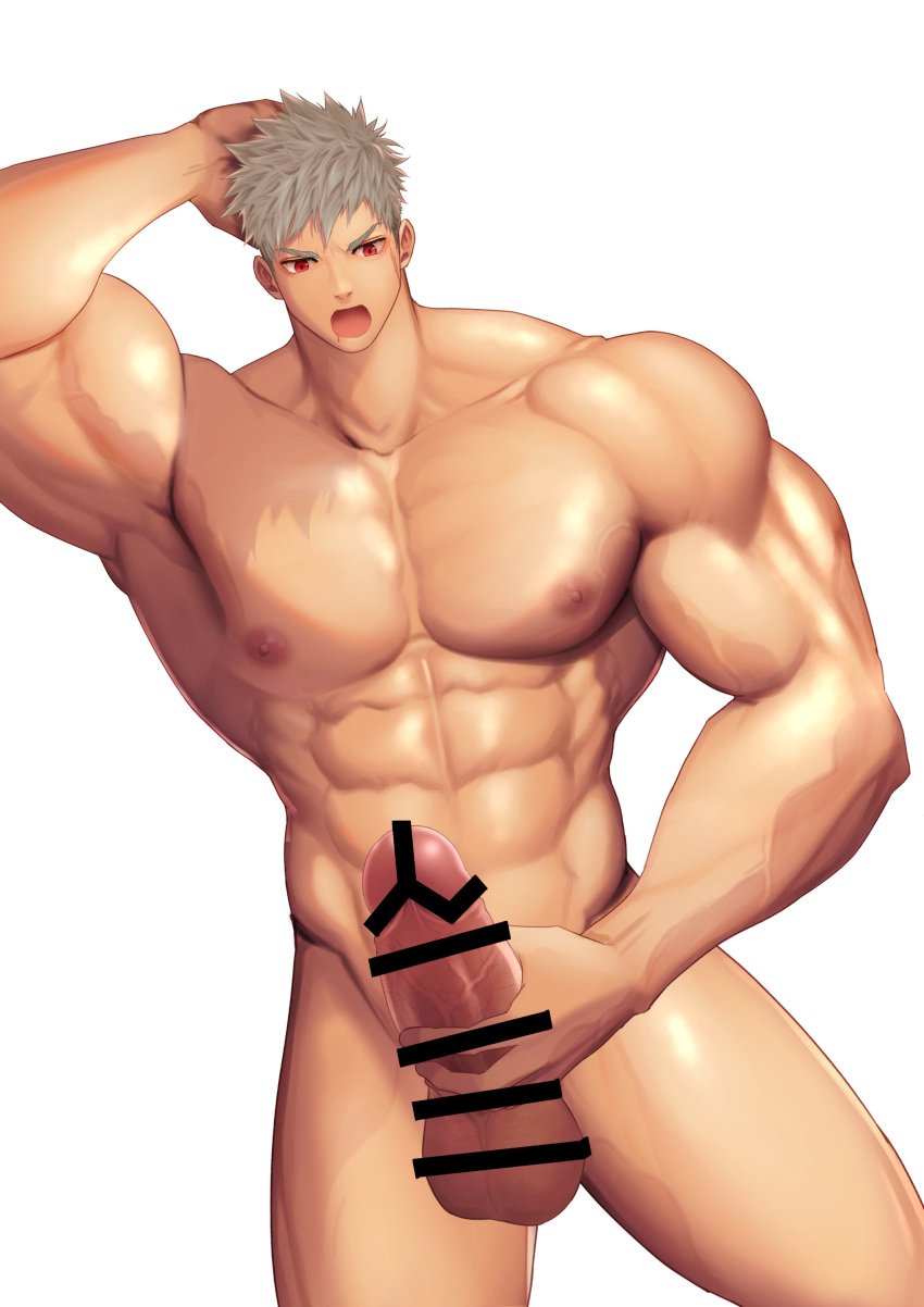 1boy abs armpits arms_up balls bara beefy biceps big_areola big_balls big_breasts big_hands big_penis blonde_hair censor_bar censored censored_penis censored_testicles completely_nude disproportional erection frown hands_behind_head hi_res holding_penis huge_cock hunk jerking legs_up long_penis looking_at_penis lying lying_on_side male male_breasts male_only manly masturbation mature_male meisho_hanten muscles muscular muscular_arms muscular_male open_legs open_mouth oppai original original_character pecs penis_bigger_than_head red_eyes scar scar_on_face scar_on_lip short_hair six_pack thick_arms thick_penis tough_guy v-shaped_eyebrows veiny_arms veiny_belly veiny_breasts veiny_legs veiny_muscles veiny_penis very_high_resolution white_background wide_shoulders