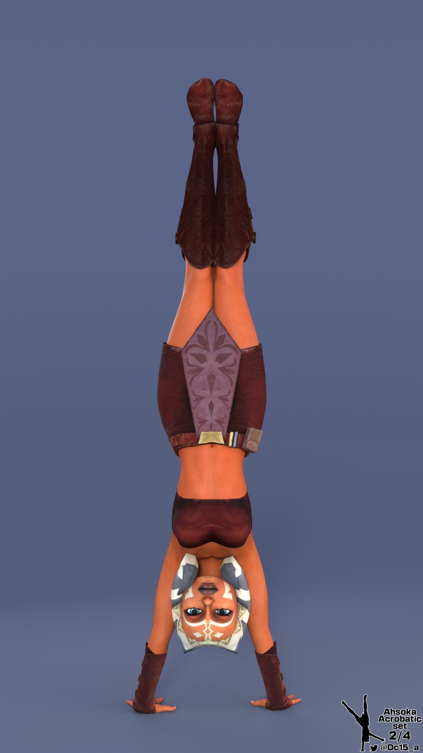 1girls 3d acrobatic ahsoka_tano alien belly_button boots clone_wars dc15-a female female_only gloves gymnastics handstand jedi jedi_padawan looking_at_viewer orange_body orange_skin simple_background skirt solo standing star_wars the_clone_wars:_season_one togruta