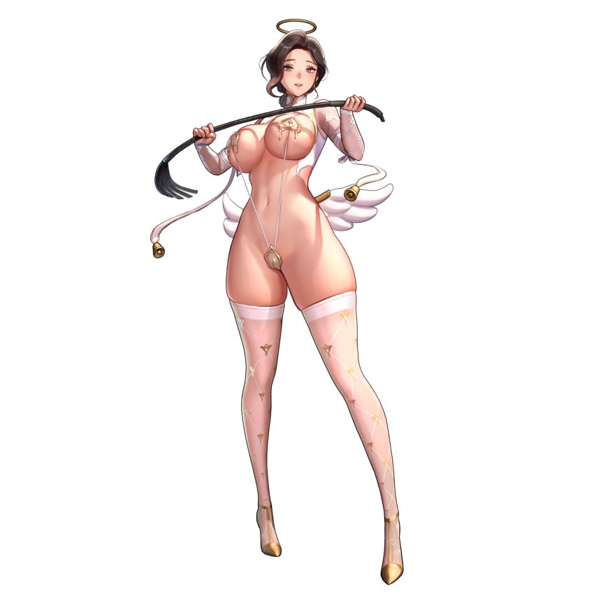 3d 3d_model alternate_costume angel_wings barely_clothed barely_contained barely_visible_genitalia barely_visible_pussy belly_button bikini blush blush blushing_at_viewer brown_hair fake_wings functionally_nude functionally_nude_female game_cg gray_eyes grey_eyes halo heels hi_res highres horizon_walker huge_breasts large_breasts legs lips lipstick mature_female navel nipple_bulge nipple_slip nipples no_bra no_panties official_art open_mouth painted_nails pussy_visible_through_clothes short_hair simple_background skindentation sleeves sling_bikini smile smiling smiling_at_viewer stockings suggestive suggestive_look thick_thighs thighs underboob valetta_(horizon_walker) whip