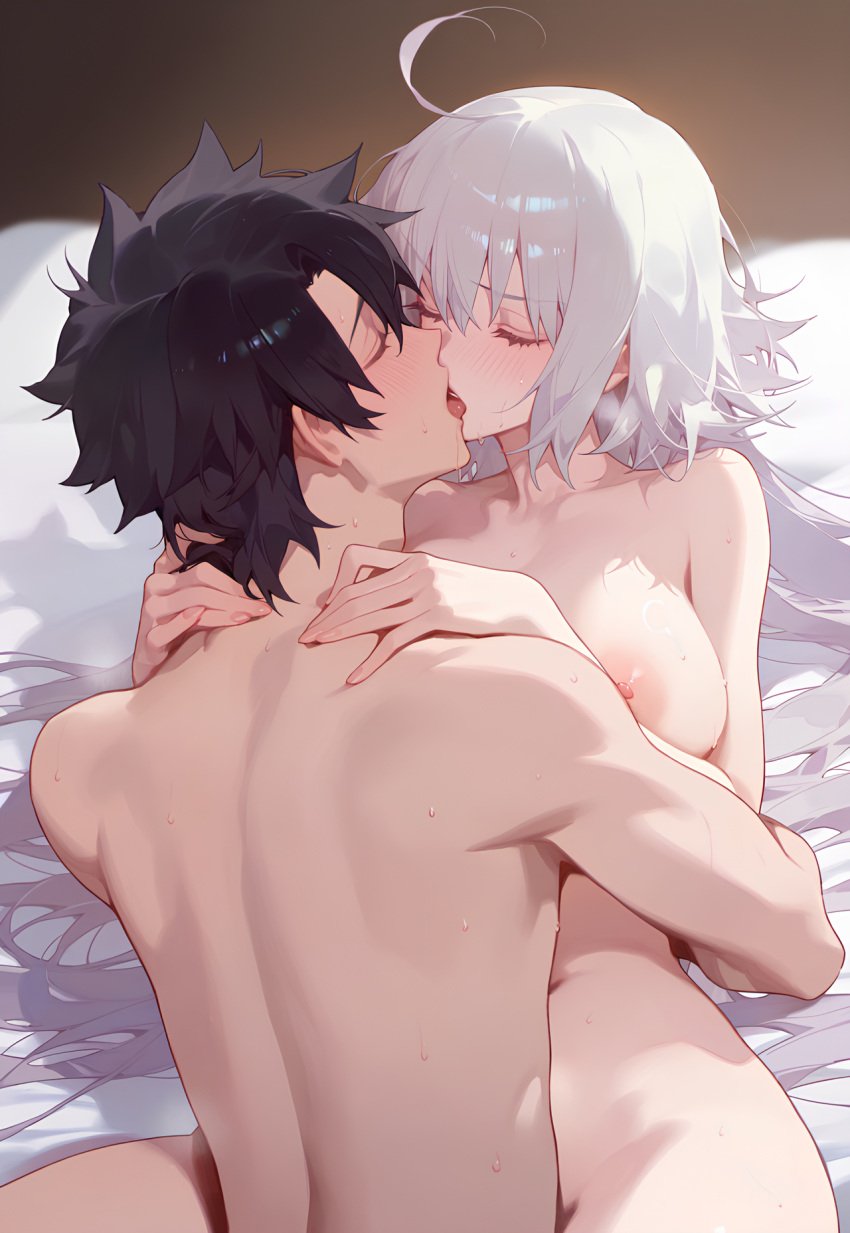 1boy 1boy1girl 1girls 2024 ai_generated black_hair blush fate/grand_order fate_(series) fujimaru_ritsuka_(male) jeanne_alter straight white_hair wholesome