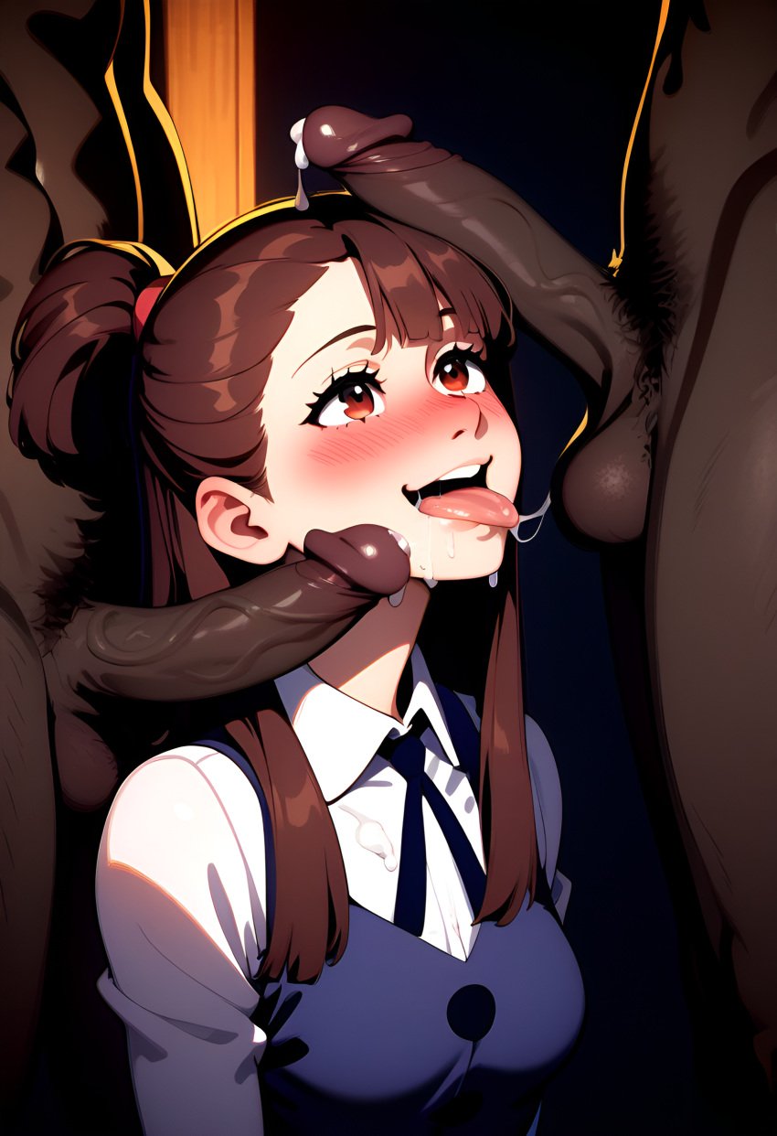 1girls 2boys african_male ai_generated akko_kagari blush brown_eyes brown_hair clothed_female_nude_male cock_hungry cock_worship cum_drip cum_in_mouth cum_trail dark-skinned_male light_skinned_female little_witch_academia penis_on_face pubic_hair saliva_trail satisfied_look satisfied_smile tongue_out veiny_penis