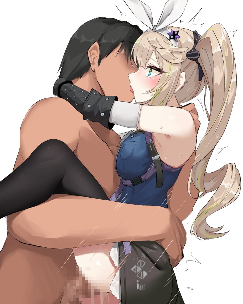 1boy 1girls absurdres artist_request censored clothed_female_nude_male clothed_sex commander_(girls&#039;_frontline) commentary_request dark-skinned_male dark_skin female from_side girls&#039;_frontline girls&#039;_frontline_2:_exilium green_hair hairband highres kissing leg_lift light-skinned_female long_hair mosaic_censoring multicolored_hair nude sex sharkry standing standing_missionary standing_sex straight streaked_hair suspended_congress thrusting twintails vaginal_penetration white_background white_hairband yanagui_yugi