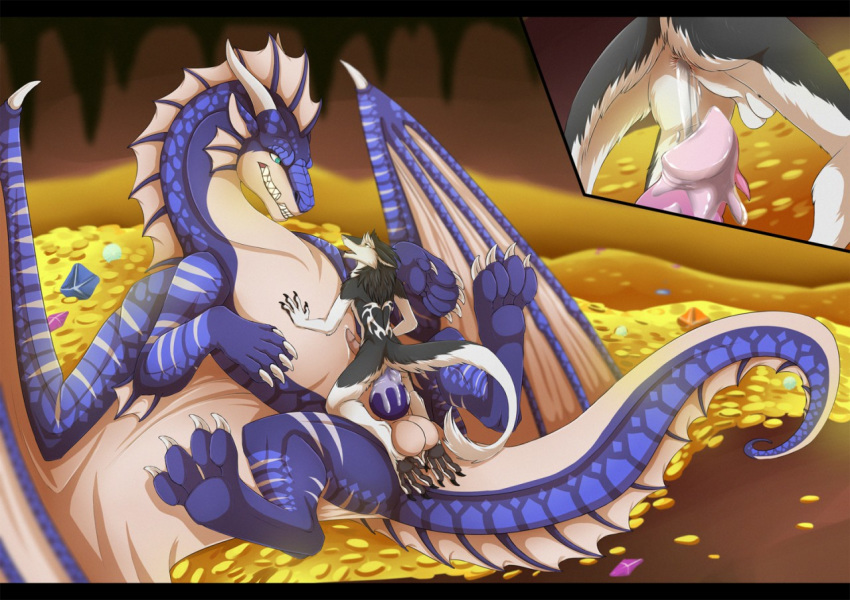 anal anal_sex anthro anthro_on_feral balls claws close-up cum cum_inside darius dragon duo ejaculation epsilon erection feral feral_dragon hair knot leaking male orgasm paws penetration penis sergal simple_background size_difference wings yaoi zetsin zoophilia