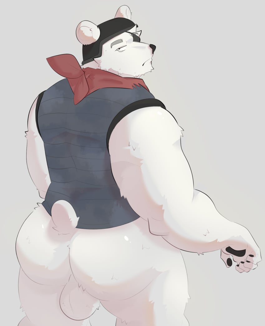 anthro ass backsack balls bear big_butt bluedomstar clothed clothing epic_games eye_patch eyewear fortnite fur genitals headgear hi_res kerchief looking_at_viewer looking_back male mammal partially_clothed polar_bear polar_patroller rear_view simple_background slightly_chubby solo ursine white_body white_fur