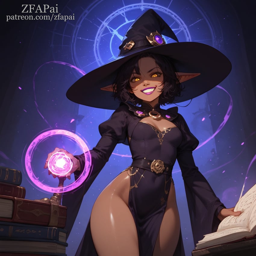 ai_generated black_hair bottom_heavy dark-skinned_female flat_chest goblin goblin_ears goblin_female magic magical_girl oc original_character pixie_cut shiny_skin small_breasts smirk thick_thighs thighs wide_hips yellow_eyes zfapai zuzka_liklik