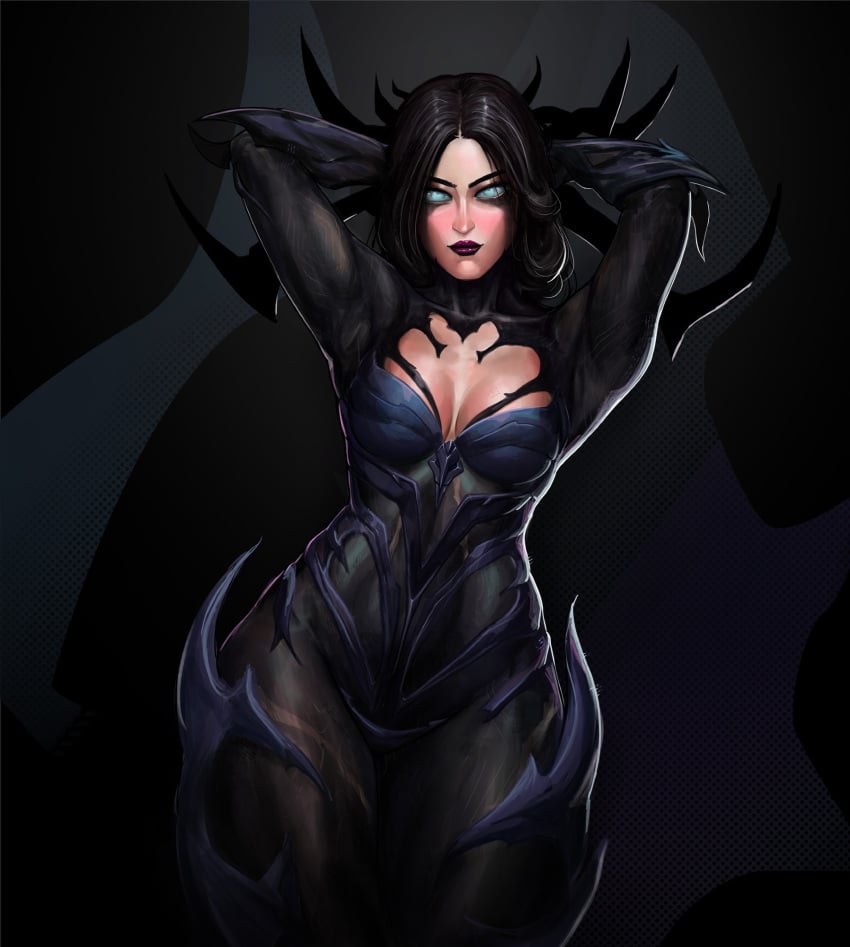 1girls armor bartalonee black_background black_hair blue_eyes bodysuit breasts child_bearing_hips cleavage cleavage_cutout clothed clothing crown hela hela_(marvel_rivals) hips lipstick long_hair makeup marvel marvel_comics marvel_rivals pattern_background purple_lipstick simple_background small_breasts solo spikes thick_thighs thighs thor_(series) torn_clothes wide_hips