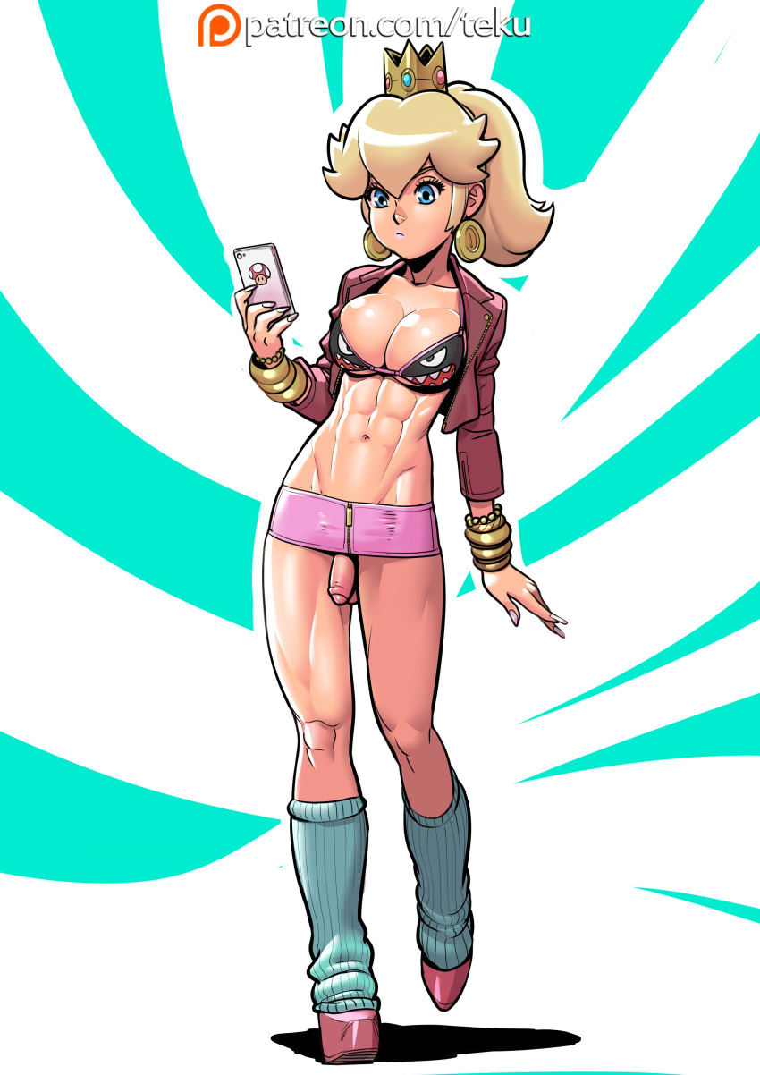 1futa abs balls bimbo blonde_hair blue_eyes bullet_bill cleavage crown earrings futa_only futanari high_heels intersex large_breasts long_fingernails lowleg lowleg_skirt mario_(series) microskirt nail_polish nintendo no_panties penis penis_under_skirt platform_heels princess_peach skirt solo standing tagme tekuho testicles voluptuous