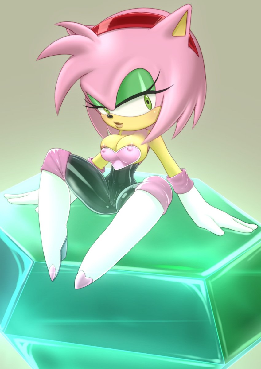 amy_rose amy_the_bat bananagaari black_rubber bodysuit breasts cameltoe erect_nipples furry furry_female horny_female master_emerald mobian_(species) neckline nip_slip rouge_the_bat_(cosplay) rubber rubber_clothing sonic_(series) spandex_suit