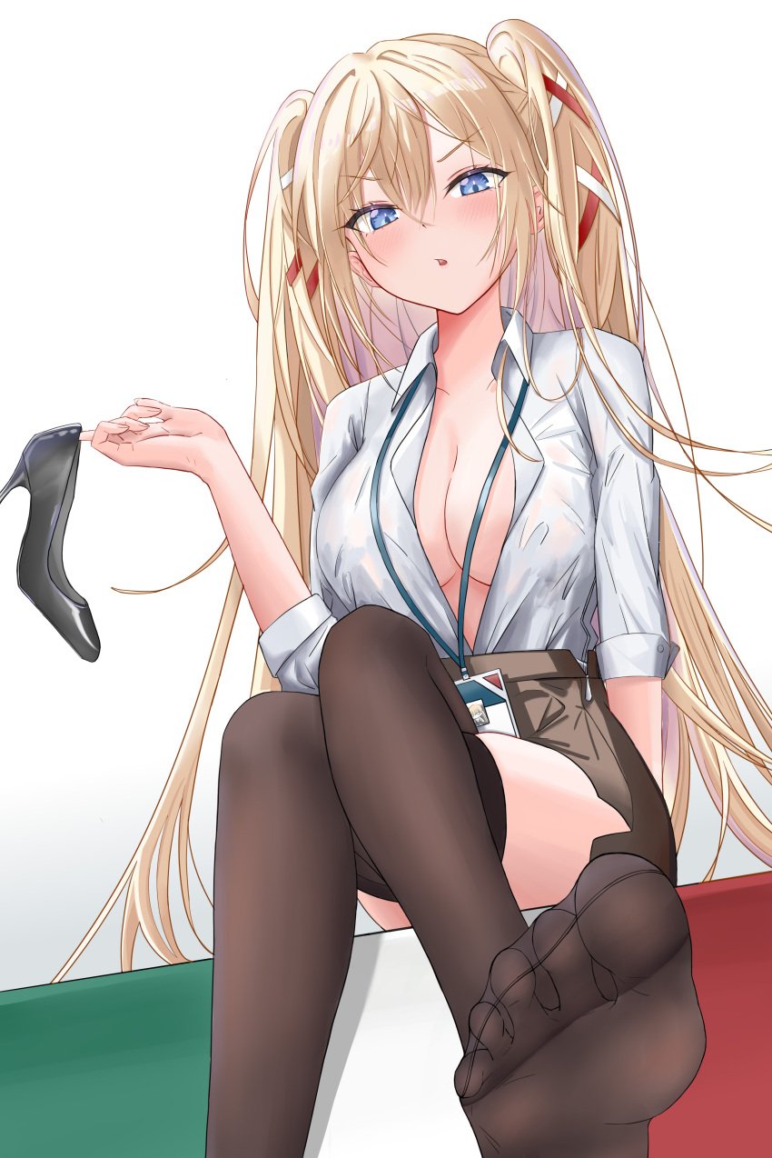 1girls absurdres asayoru azur_lane black_footwear black_thighhighs blonde_hair blue_eyes blush breasts brown_skirt cleavage commentary crossed_legs dress_shirt female foot_out_of_frame gorizia_(azur_lane) gorizia_(unrequited_office_love?)_(azur_lane) hair_between_eyes hair_ribbon high_heels highres holding holding_shoes italian_flag lanyard light-skinned_female light_skin long_hair looking_at_viewer medium_breasts miniskirt no_bra official_alternate_costume open_clothes open_shirt parted_lips pencil_skirt red_ribbon ribbon sardegna_empire_(azur_lane) shirt shirt_tucked_in shoes sitting skirt solo thighhighs toes two_side_up unworn_shoes v-shaped_eyebrows white_ribbon white_shirt