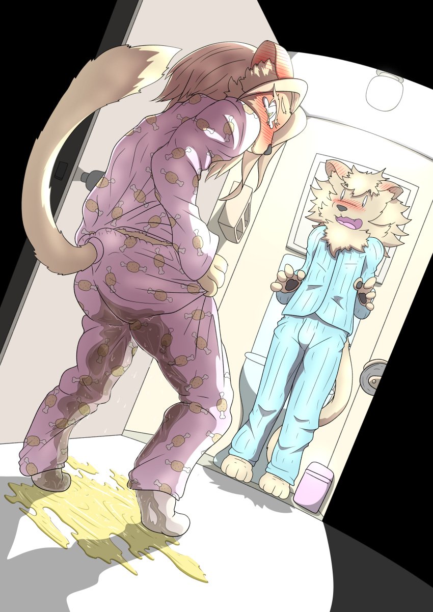 absurd_res accident anthro blonde_hair blush bodily_fluids clothed clothing desperation embarrassed felid female fur genital_fluids hair hi_res inside lion looking_at_another mammal mttbsmn omorashi open_mouth pajamas pantherine peeing urine urine_on_ground urine_on_self wetting yellow_body yellow_fur