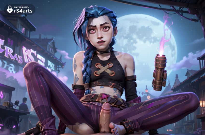 1boy 1boy1girl 1girls ai_generated arcane arcane_jinx bare_shoulders barefoot belt biting_own_lip blue_hair braid breasts choker collarbone crop_top feet fingerless_gloves footjob full_moon gloves hi_res jinx_(league_of_legends) league_of_legends long_hair looking_at_viewer male_pubic_hair midriff moon nail_polish navel netflix night outdoors pants penis pink_eyes pov pubic_hair r34arts riot_games sitting solo_focus spread_legs stomach_tattoo straight striped_clothes striped_pants tattoo toenail_polish toenails toes torn_clothes torn_pants twin_braids uncensored