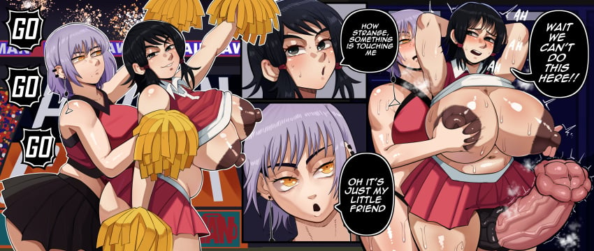 areolae background black_hair blush breast_grab breasts_out chainsaw_man cheerleader_uniform comic dark_areola earrings fami_(chainsaw_man) fog fumiko_mifune_(chainsaw_man) horsecock_futanari huge_breasts inminent_sex light-skinned_female light-skinned_futanari nervous_sweat puffy_nipples purple_hair sadowl_hoot smiling_at_viewer speech_bubble sweat sweatdrop throbbing_penis trembling veiny_penis yellow_eyes